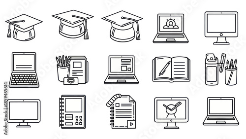 Educational and technological icons set for online learning and study themes