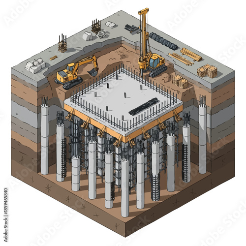 Construction of a building foundation with deep piles, concrete slab, and excavation using heavy machinery