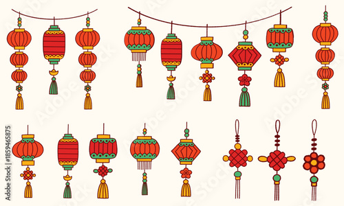 Hand drawn Chinese lanterns and knot charms flat illustration set. Decorative lanterns and lucky charms for Chinese New Year designs.