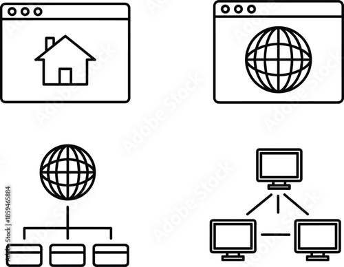 Internet and network icon set, homepage, global access, LAN, browser window, black line art, tech vector sketch