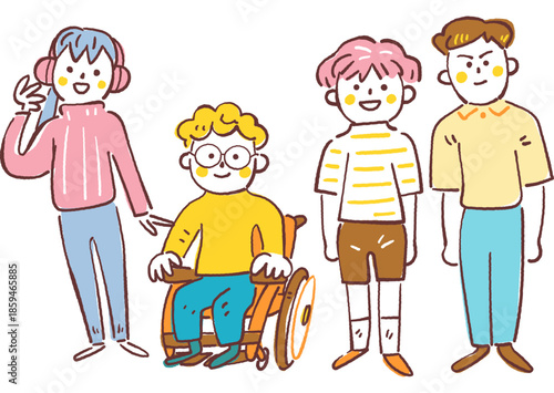 手書き風の線画で描かれた、イヤーマフをつけた少女と車椅子の少年とジェンダーレスな子供と外国ルーツの少年の4人が横一列に並んだ、インクルーシブ教育や多様性を象徴する小学生の全身集合イラスト