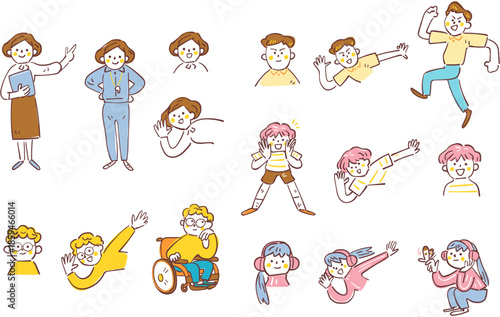 バインダーを持って案内する先生とジャージ姿で体育指導する先生、頬杖をついたり走ったりする多様な個性を持つ4人の子供たちの表情と動作のバリエーションセット、インクルーシブ教育の現場で使えるいきいきとした手書き風のポーズ集イラスト