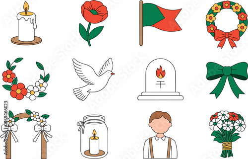 A Flat Design Icon Set for Remembrance Day and Memorial Tributes Featuring Poppies, Candles, Peace Doves, Wreaths, and Commemorative Symbols.