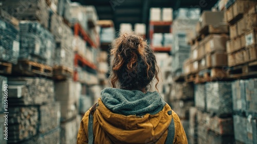 Woman in Yellow Jacket Observing Warehouse Storage Aisle