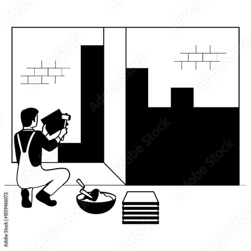 Craftsman Installing Tile vector design, construction workers banner, Skilled labor scene, Civil Engineering Works stock illustration, Tiler installing wall tiles indoors concept