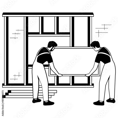 Precision Glass panels Installation vector design, construction workers banner, Skilled labor scene, Civil Engineering Works stock illustration, Installing the Window Frame concept