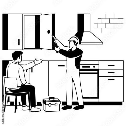 Teamwork behind perfect kitchen vector design, construction workers banner, Skilled labor scene, Civil Engineering Work stock illustration, technician adjusts overhead cabinet using power tool concept