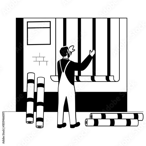 renovation worker installing vertical insulation concept vector design, construction workers banner, Skilled labor scene, Civil Engineering Works stock illustration