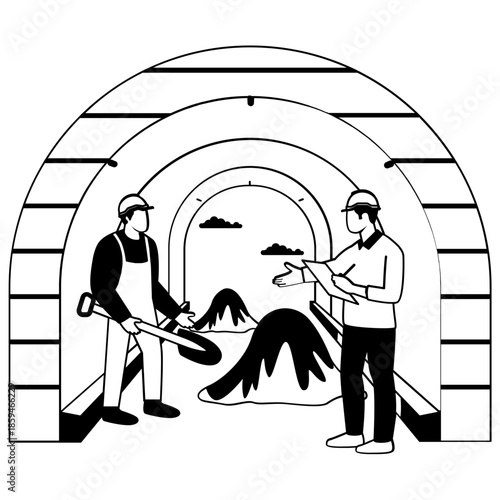Workforce Managing Subsurface Infrastructure vector design, construction workers banner, Skilled labor scene, Civil Engineering Works  illustration, Underground Tunnel Construction Inspection concept