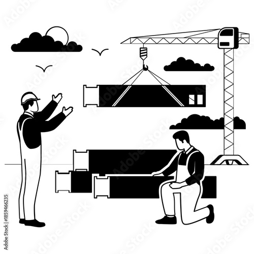 Prefabricated Elements Installation vector design, construction workers banner, Skilled labor scene, Civil Engineering Works stock illustration, Structural Assembly in Progress concept