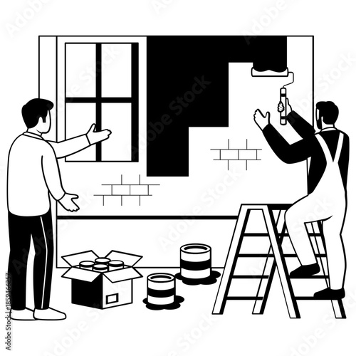 Home Improvement with Professional Guidance vector design, construction workers banner, Skilled labor scene, Civil Engineering Works stock illustration, Interior Painting in Progress concept