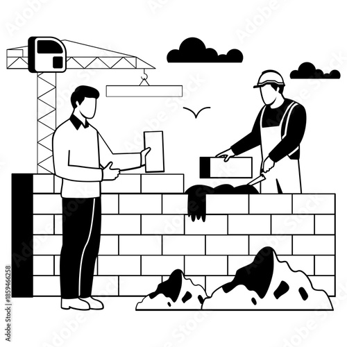 worker applies mortar places bricks vector design, construction workers banner, Skilled labor scene, Civil Engineering Works stock illustration, two person collaborate on building brick wall concept