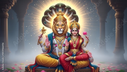Majestic Digital Depiction of Hindu Deity Narasimha and Lakshmi Illustration