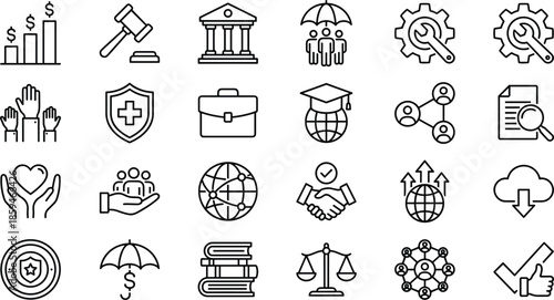 Legal and financial business icon set featuring law gavel, bank building, insurance protection, global networking, justice scales, graduation cap, growth charts, and corporate teamwork symbols.