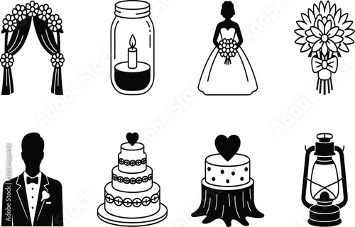 A High-Contrast Black and White Silhouette Icon Set Featuring a Bride, Groom, Tiered Cakes, Floral Arches, Lanterns, and Commemorative Candles