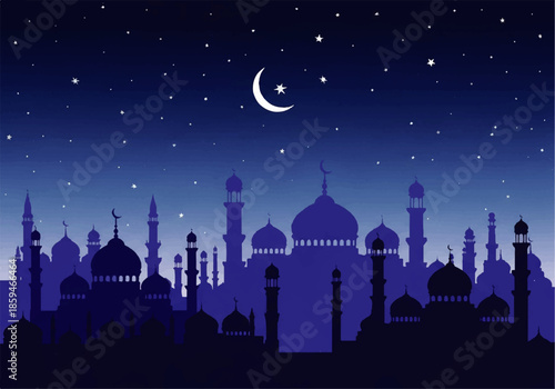 A serene nighttime scene featuring a Flat Design Ilustration Vector of a mosque silhouette under a crescent moon and stars, with a gradient blue background.