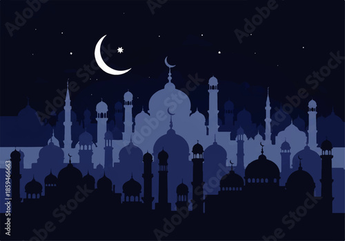 A serene nighttime scene of a mosque silhouette in shades of blue, with a crescent moon and stars, created in a flat design illustration vector style.