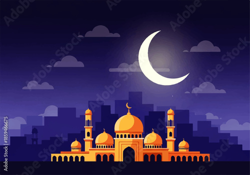 Flat design illustration vector of a mosque under a crescent moon at night with a cityscape background in a peaceful and serene mood.