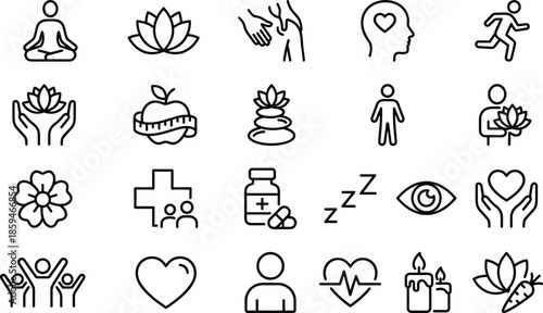 Wellness and meditation icon set featuring yoga pose, lotus flower, healthy lifestyle, mental health, massage therapy, natural healing, spa stones, fitness, and holistic medicine.
