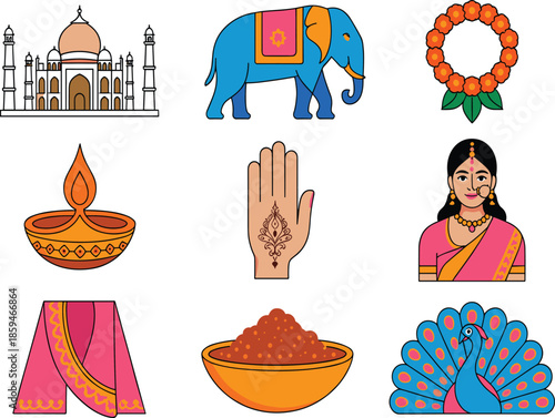 A Vibrant Flat Design Icon Set Featuring the Taj Mahal, an Ornate Elephant, Mehndi Hand Art, a Peacock, and Traditional Indian Attire