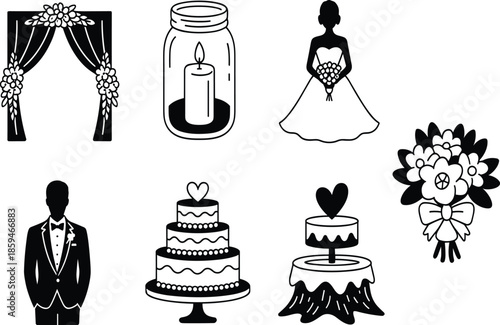 A Comprehensive Silhouette Icon Set for Formal Events Featuring a Groom, Bride, Tiered Heart-Topped Cakes, Floral Arches, Jarred Candles, and Decorative Bouquets.