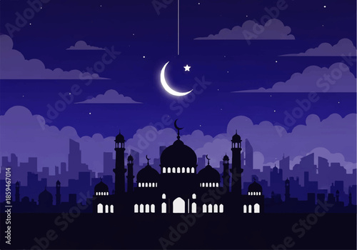 Flat design illustration vector of a mosque silhouette against a city skyline at night with a crescent moon and stars in a purple sky.