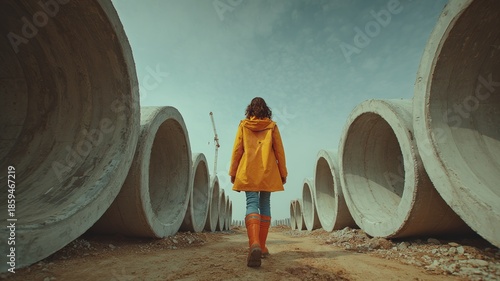 Person in Yellow Raincoat Walking Among Concrete Pipes at Construction Site