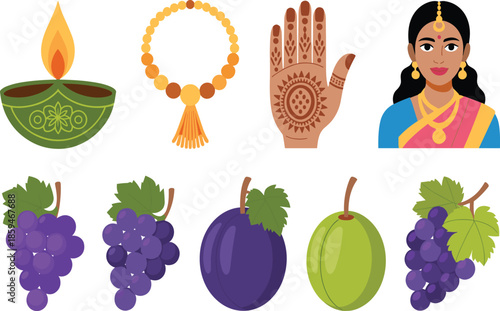 A Professional Vector Illustration Set Featuring Traditional Indian Cultural Icons and Realistic Bunches of Purple Grapes with Individual Plum and Lime Accents.