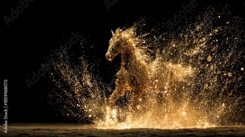Golden Horse Made of Sparkling Particles Leaping in Night Sky