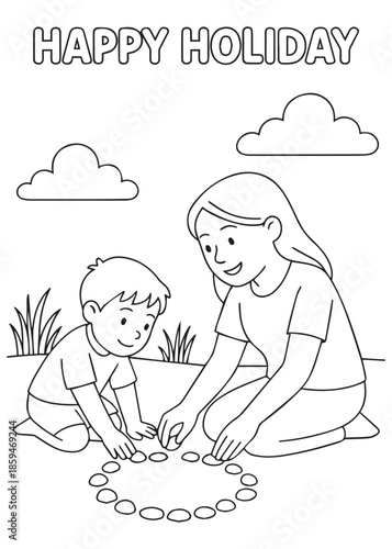 coloring book mother and child arranging stones in a circle on the sand