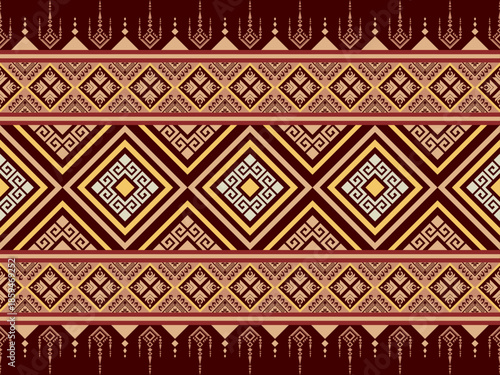 Southeast Asian ethnic fabric pattern with traditional thai tribal ornament, seamless geometric diamond embroidery in maroon, gold, and cream colors for fashion textile and elegant home decor.