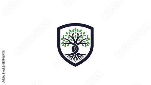 A shield logo featuring a stylized tree with green leaves and roots