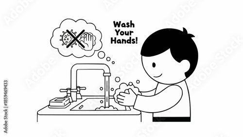 Child washing hands at sink with soap and water illustration.