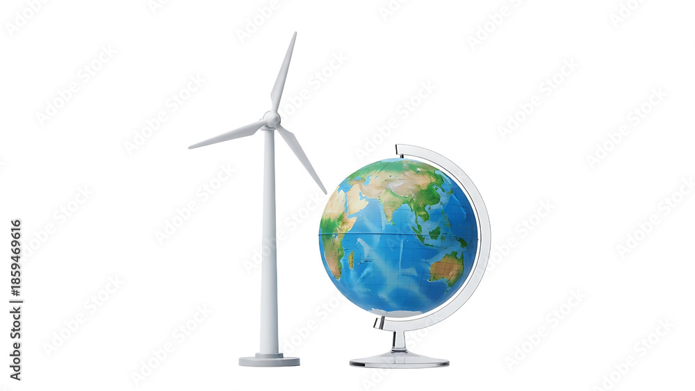 Fototapeta premium Wind turbine and globe. Concept of renewable energy Isolated on a transparent background