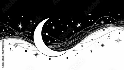 Crescent moon and stars in a starry night sky.