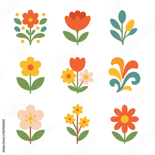 Flower vector set with colorful stylized flowers and leaves for design projects. Perfect for patterns, textiles, stationery, and branding.
