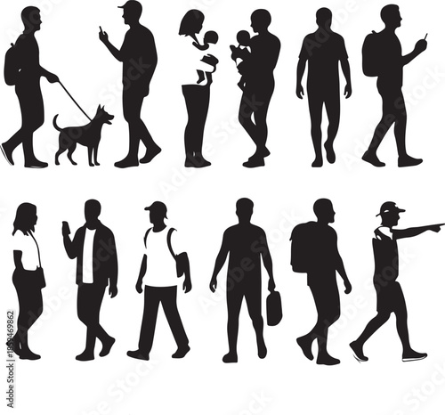 A collection of diverse black silhouette figures depicting people walking interacting with pets and engaging in daily activities
