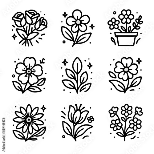 Floral vector collection with nine outline botanical and plant designs, perfect for stationary, branding, and naturethemed design projects.