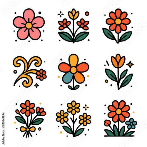 Flower vector pack with nine colorful designs for vibrant visuals. Perfect for graphic design, websites, invitations, and stationery projects.