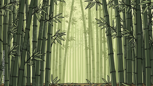 Dense bamboo forest with sunlight filtering through the leaves.