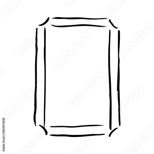 Hand drawn minimalist rectangular frame with rough black ink strokes. Simple geometric border with notched corners and sketchy organic lines on white background for modern graphic design and labels