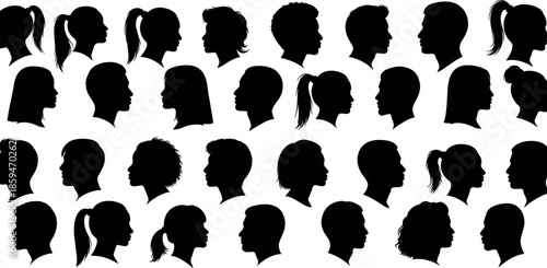 Diverse Collection of Human Profile Silhouettes Featuring Various Hairstyles and Gender Neutral Avatars for Social Media and Web Design Interfaces