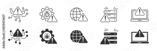 Cyber Security Warning Icons Set, System Error and Malware Alert Symbols, Network Protection and Technology Risk Concept, Vector Illustration . 