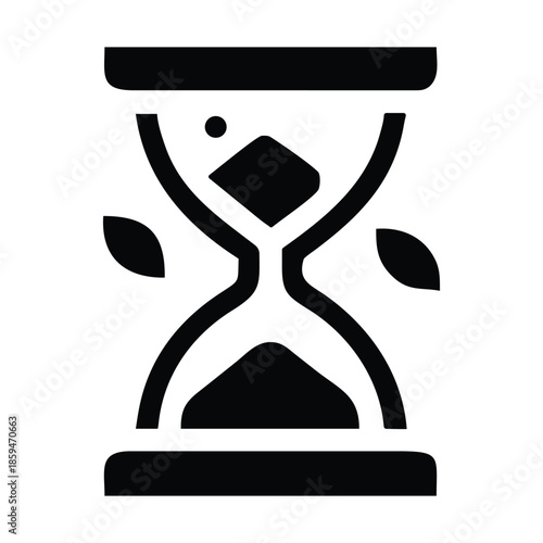 A simple black and white graphic of an hourglass with a single grain of sand falling within