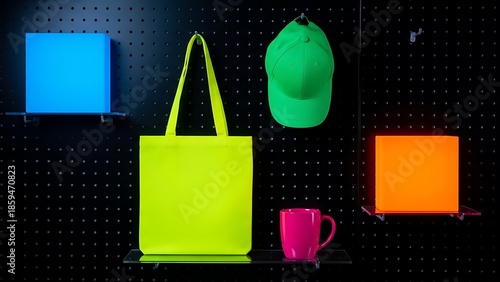 Vibrant Neon Objects Displayed Against Dark Textured Background.