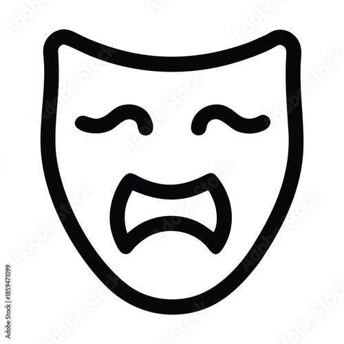 Simple black and white outline of a theatrical mask displaying a crying or sad expression