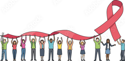 Diverse group of people joining together to prominently hold a long flowing awareness ribbon symbolizing solidarity and hope for a significant cause
