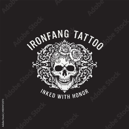 Ornamental Skull and Roses Tattoo Logo Design – Ideal for Tattoo Shop, Tattoo Artist Branding, Apparel, Merchandise, and Alternative Lifestyle Brand