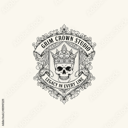 Royal Skull Crest Logo with Crown and Vintage Ornament – Ideal for Luxury Brand, Tattoo Studio, Barbershop, Clothing Label, and Heritage Logo Design