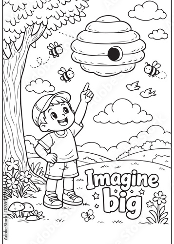 coloring book child pointing at a beehive while imagining big with honey bear